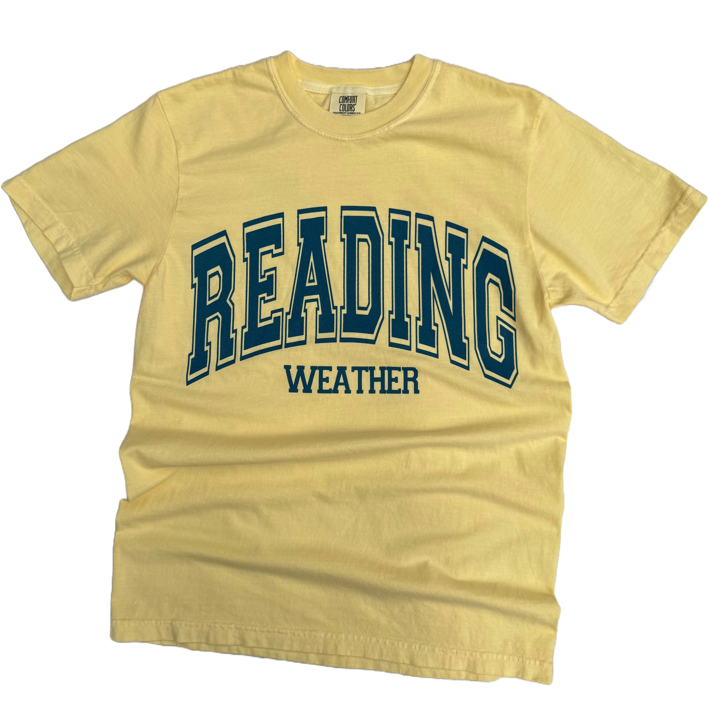 Yellow t-shirt with 'READING WEATHER' text