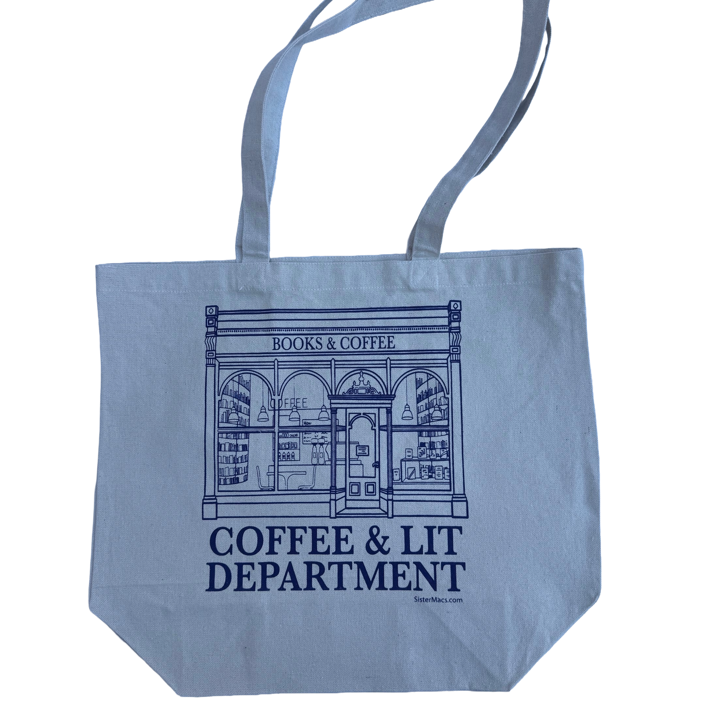 beige canvas tote bag with 'Coffee & Lit Department' text and graphic on a white background