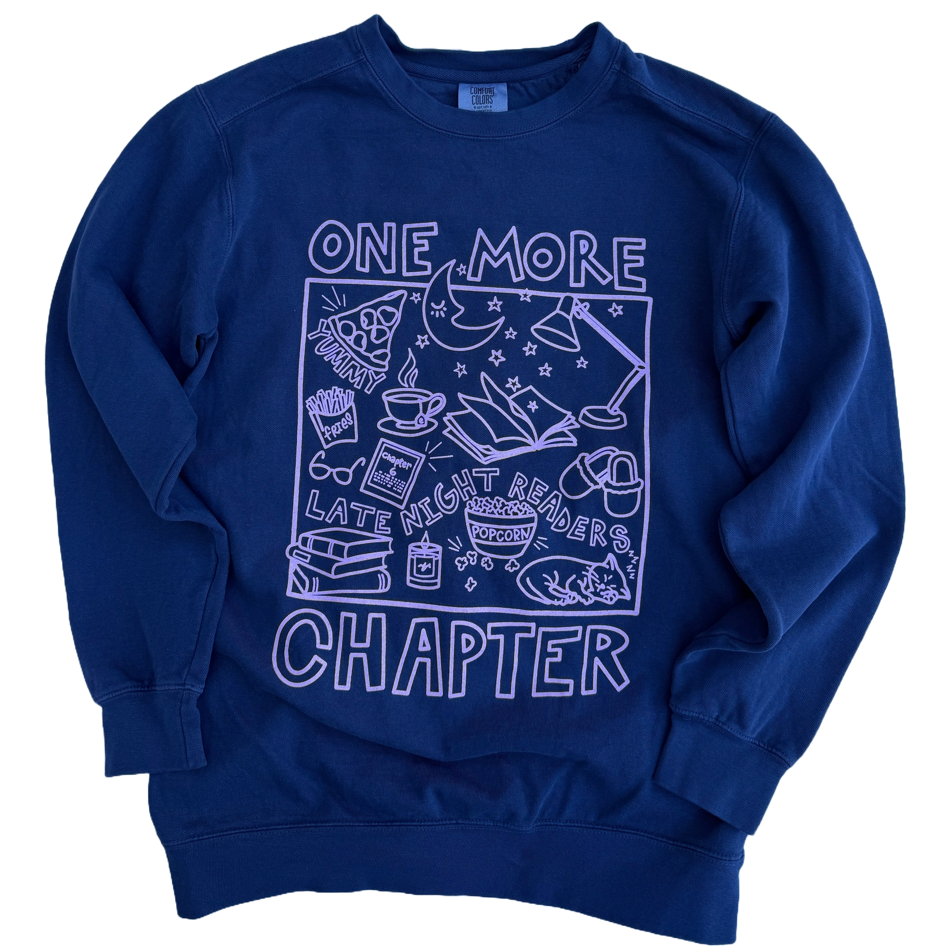 Blue sweatshirt with purple graphic and text