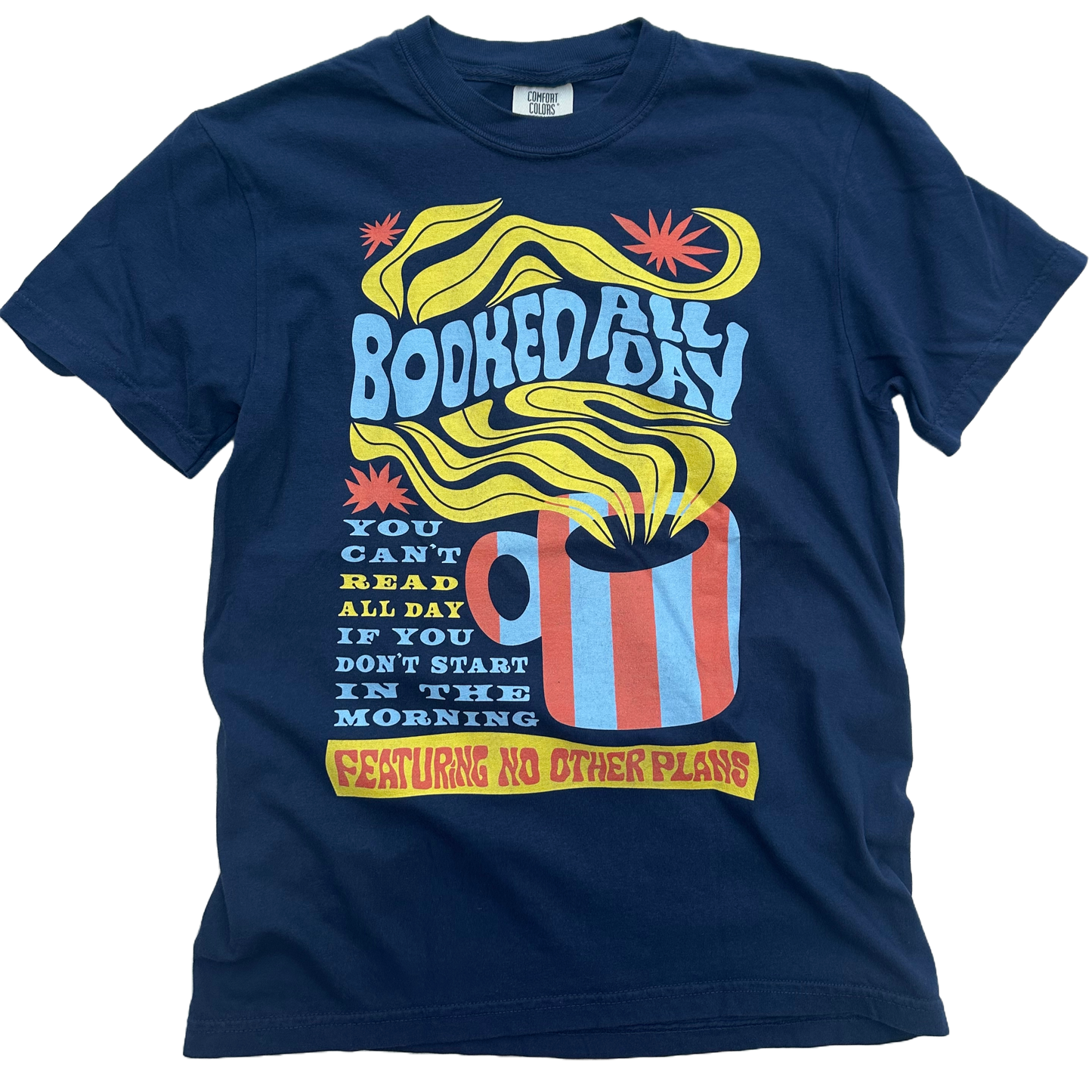 Navy blue t-shirt with colorful graphic design on a white background
