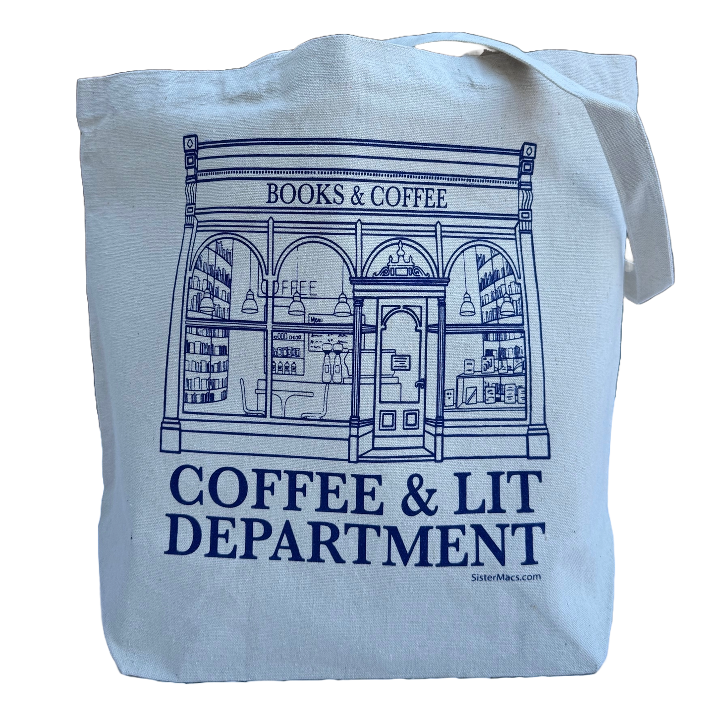 White canvas tote bag with blue graphic and text 'Coffee & Lit Department' on a white background. Graphic depicts a coffee & book shop.
