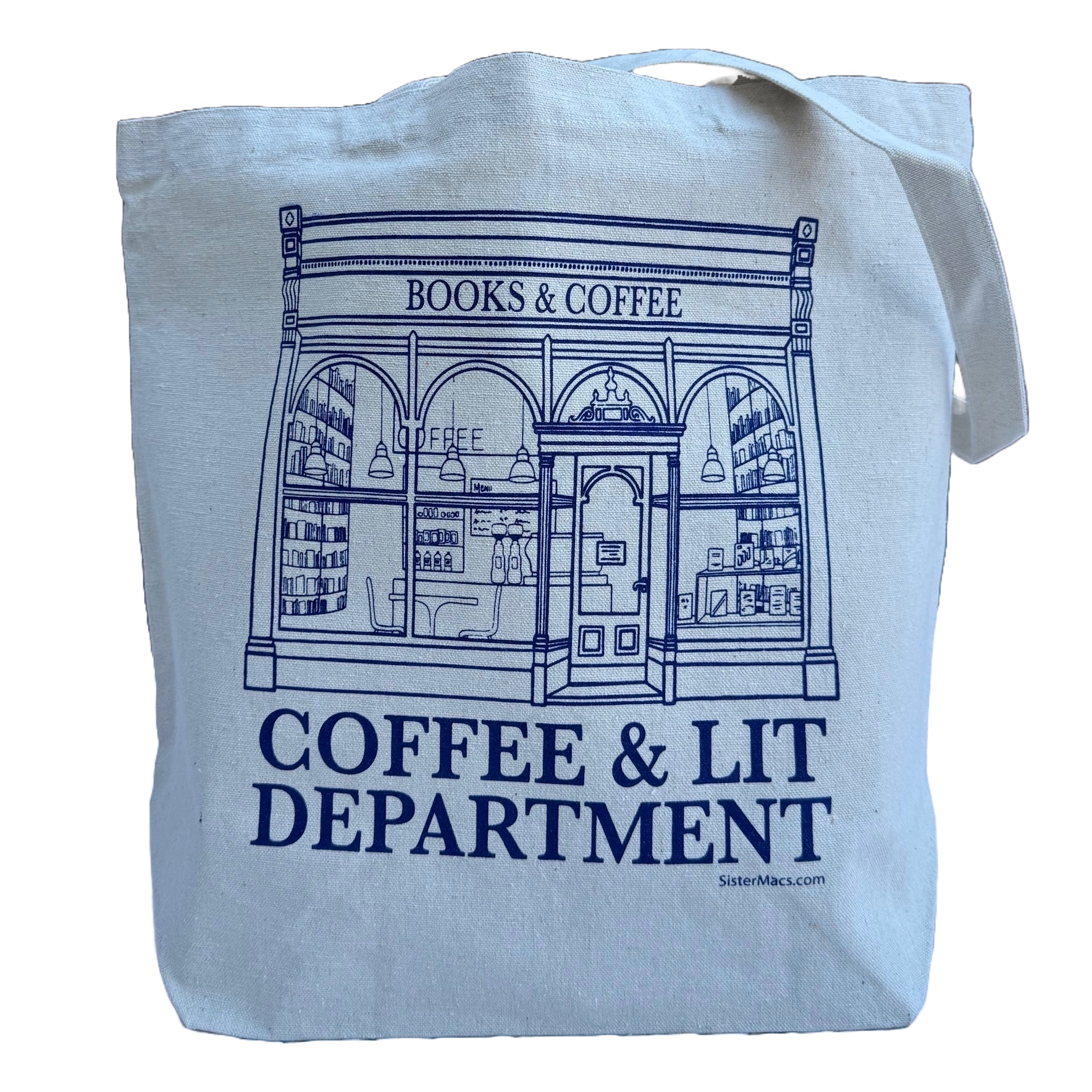 White canvas tote bag with blue graphic and text 'Coffee & Lit Department' on a white background. Graphic depicts a coffee & book shop.