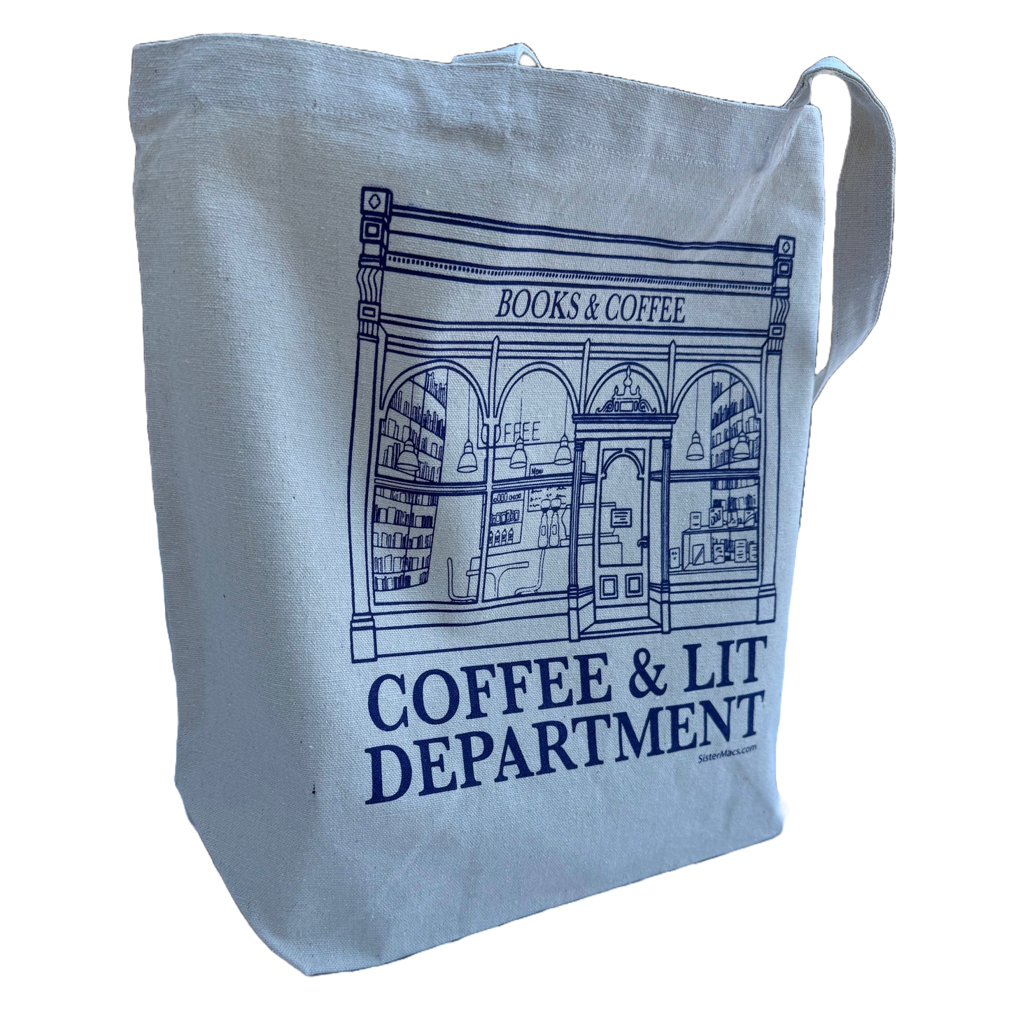 Tote bag with 'Coffee & Lit Department' design on a white background