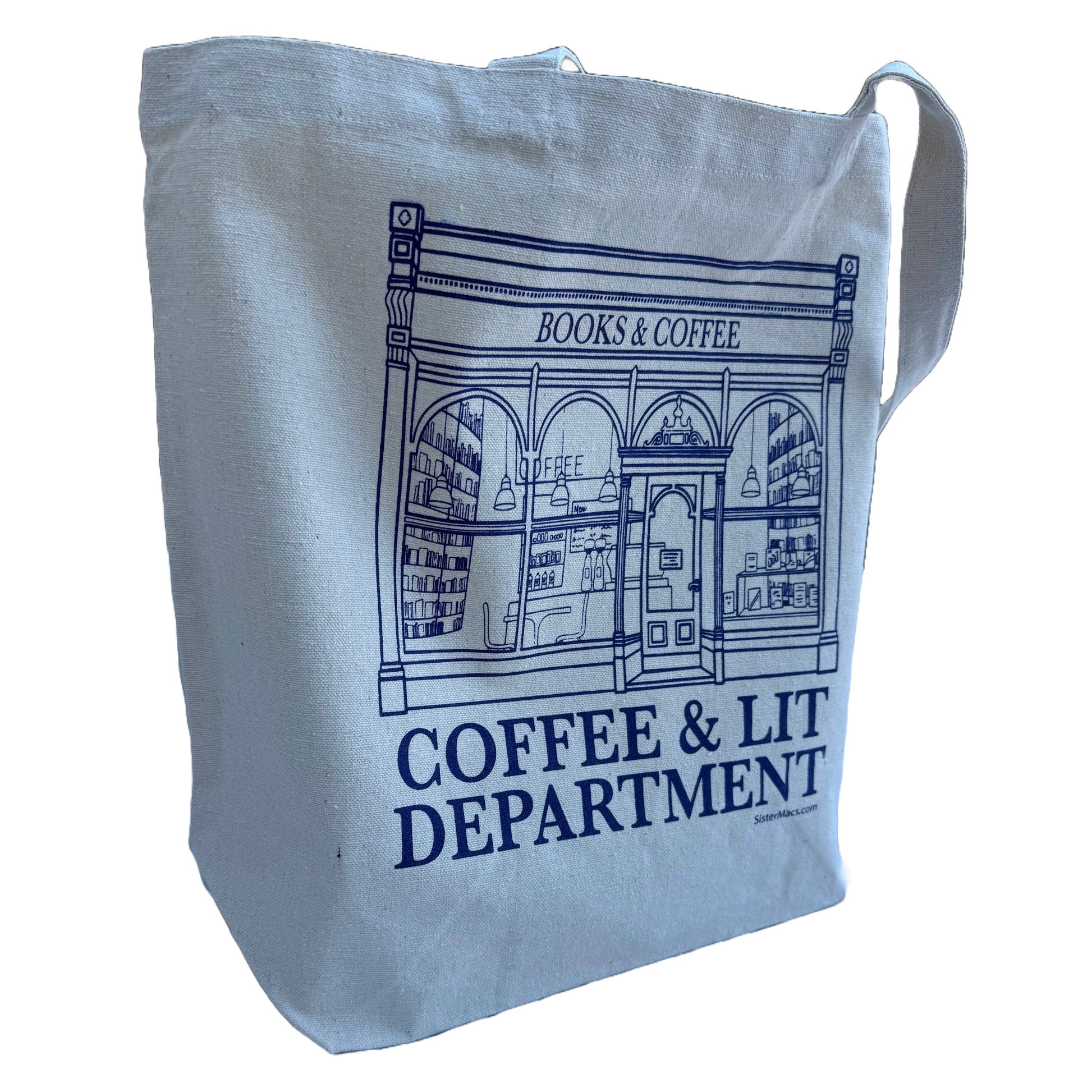 Tote bag with 'Coffee & Lit Department' design on a white background