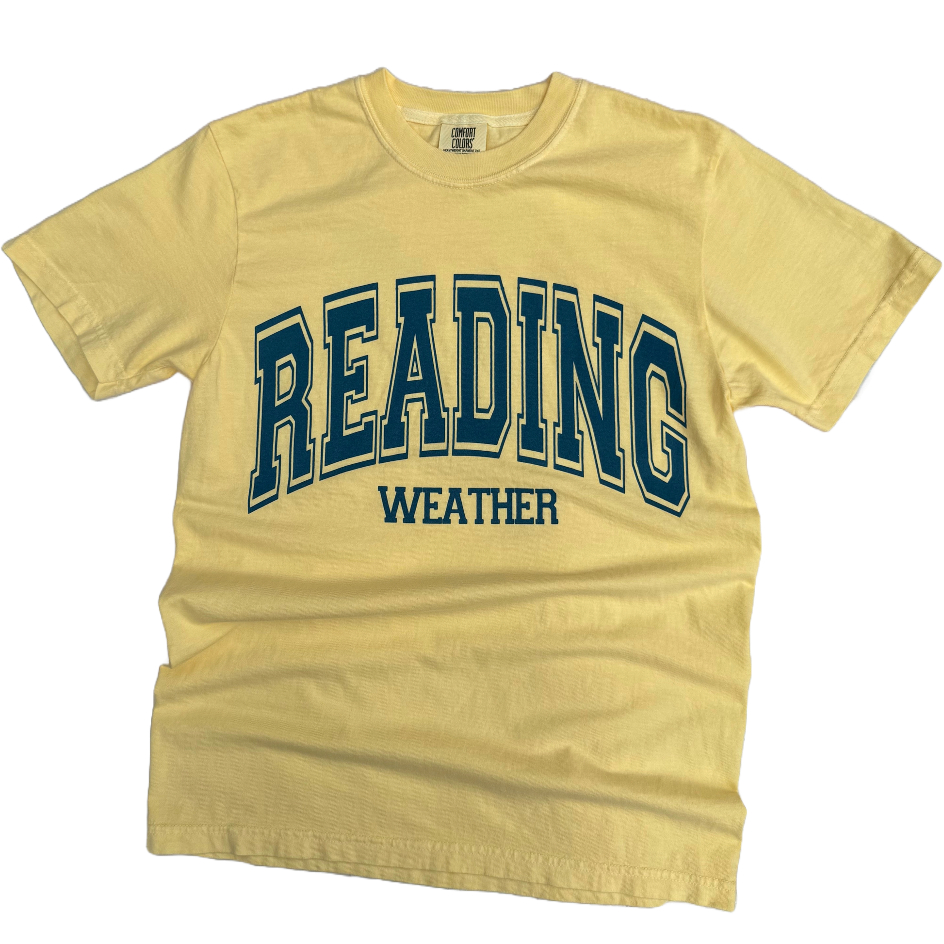 Yellow t-shirt with 'READING WEATHER' text