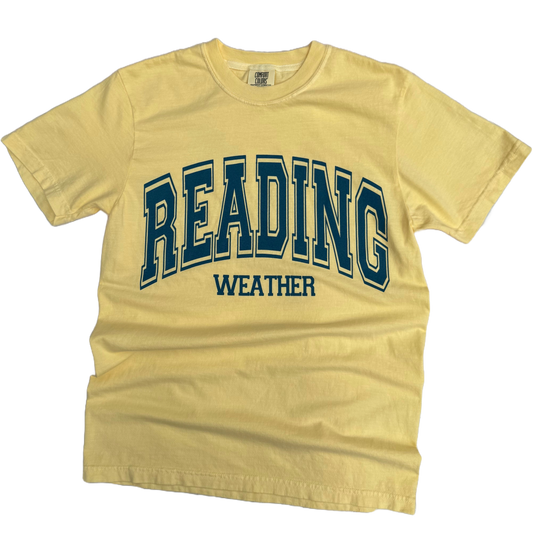 Yellow t-shirt with 'READING WEATHER' text