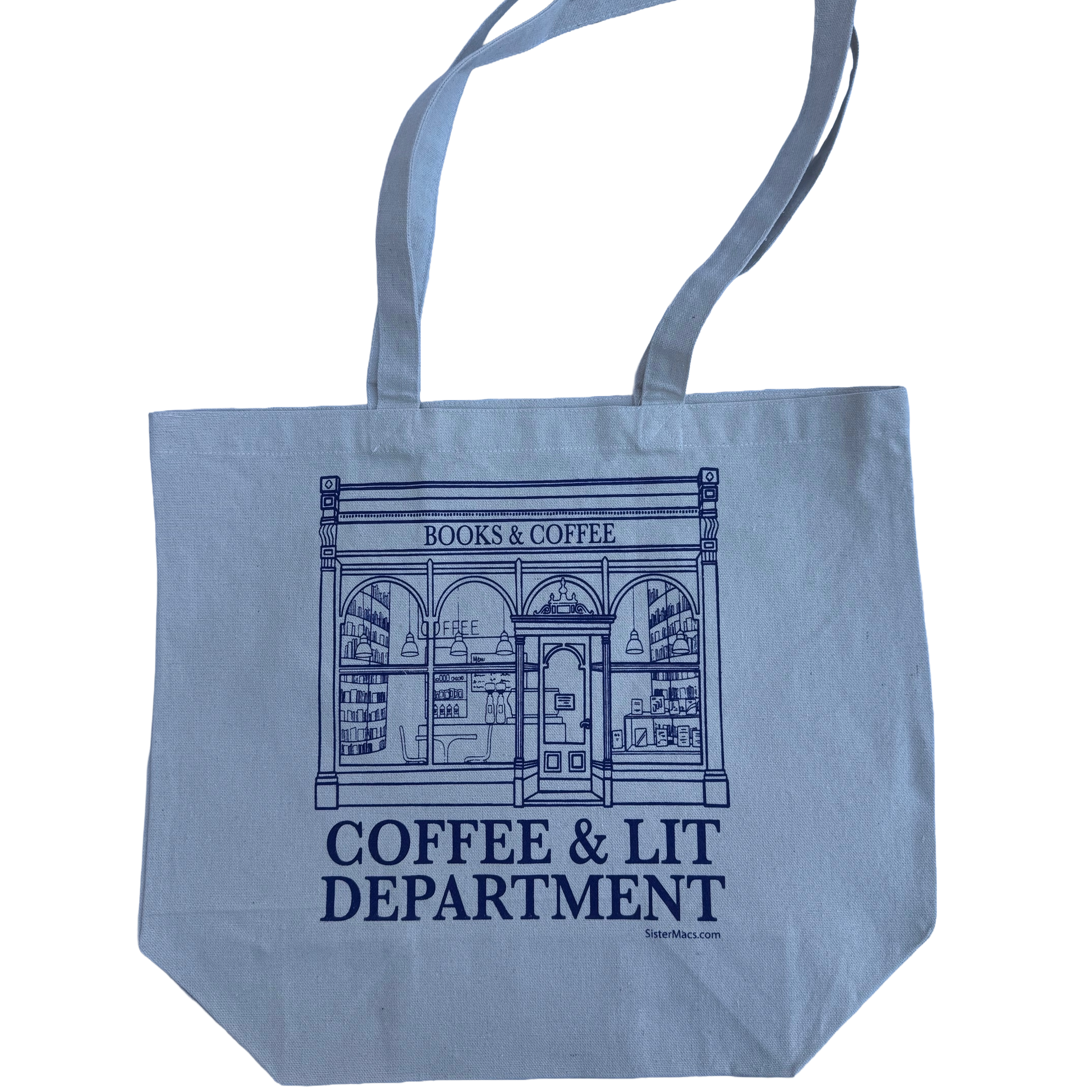 beige canvas tote bag with 'Coffee & Lit Department' text and graphic on a white background