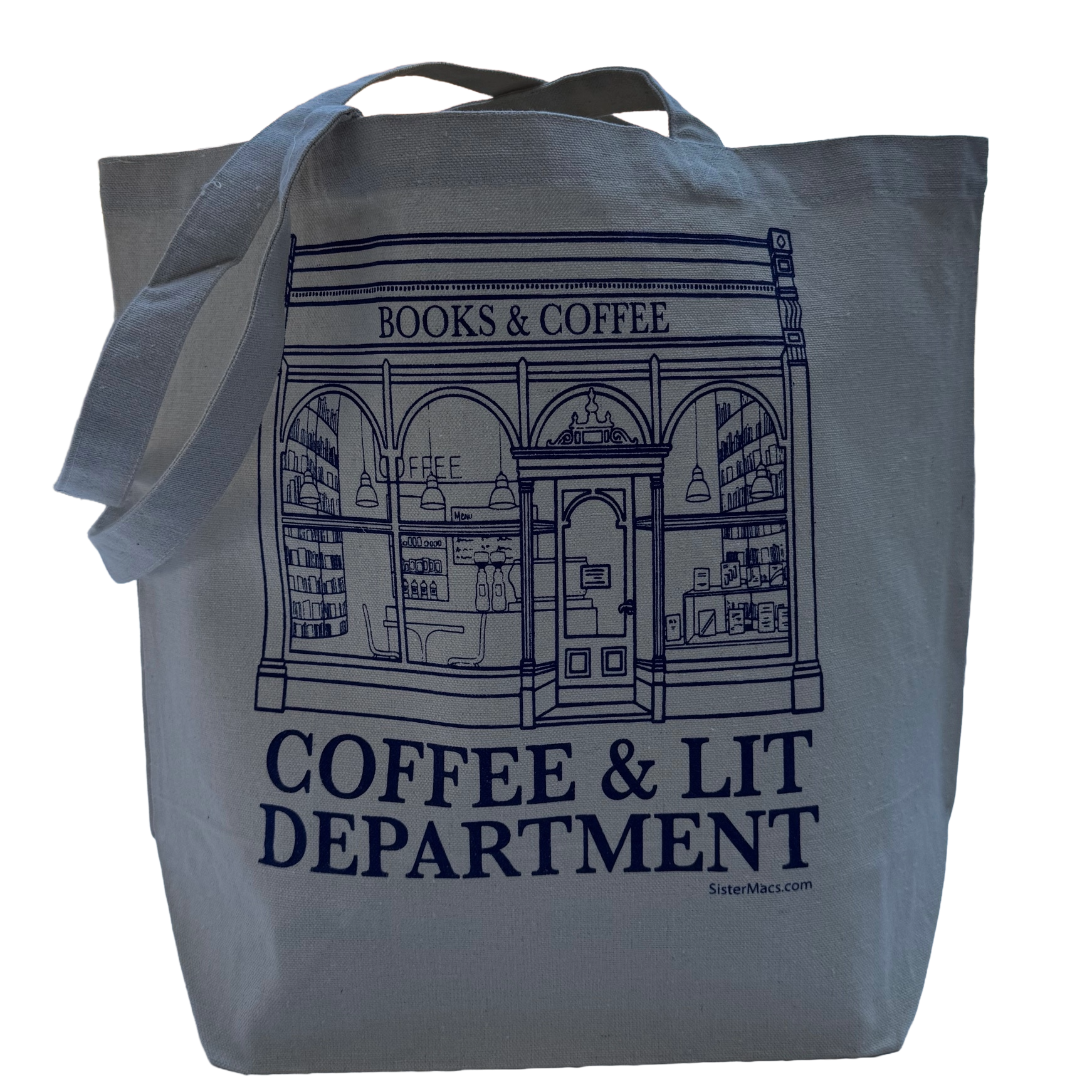 Gray tote bag with blue text and graphics on a white background