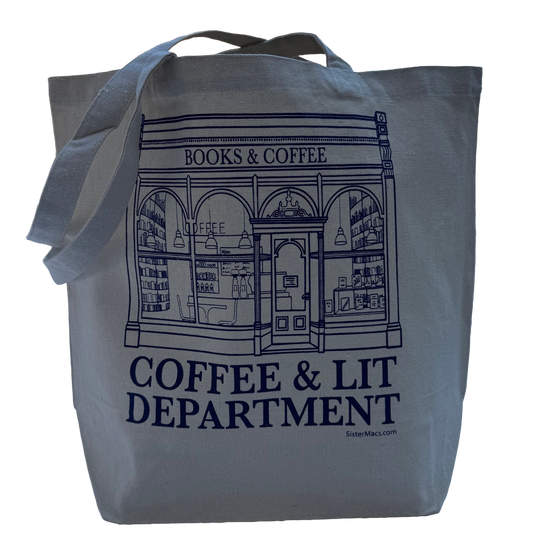Gray tote bag with blue text and graphics on a white background