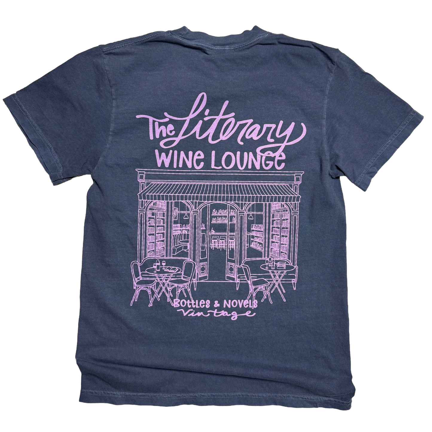 Navy blue t-shirt with pink graphic design on a white background