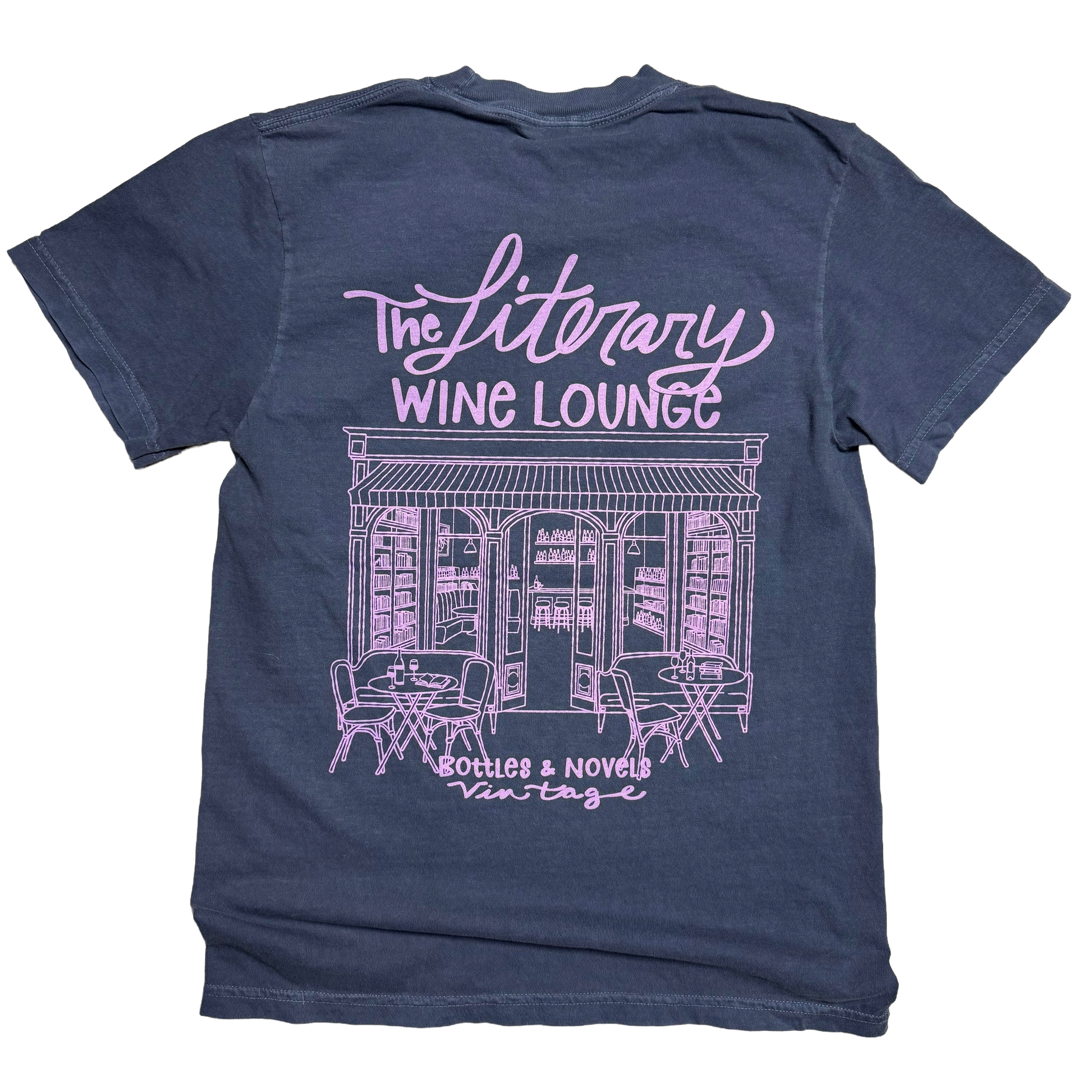 Navy blue t-shirt with pink graphic design on a white background