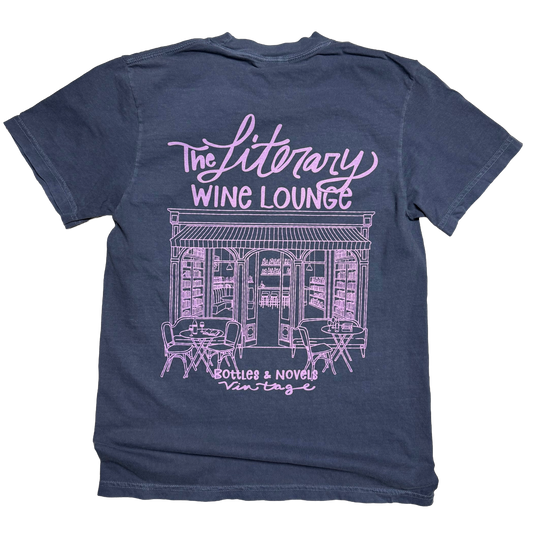 Navy blue t-shirt with pink graphic design on a white background