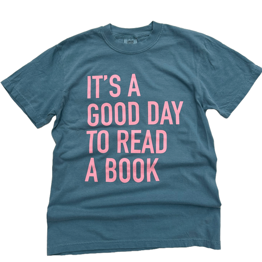 It's a Good Day to Read a Book (pink on blue)